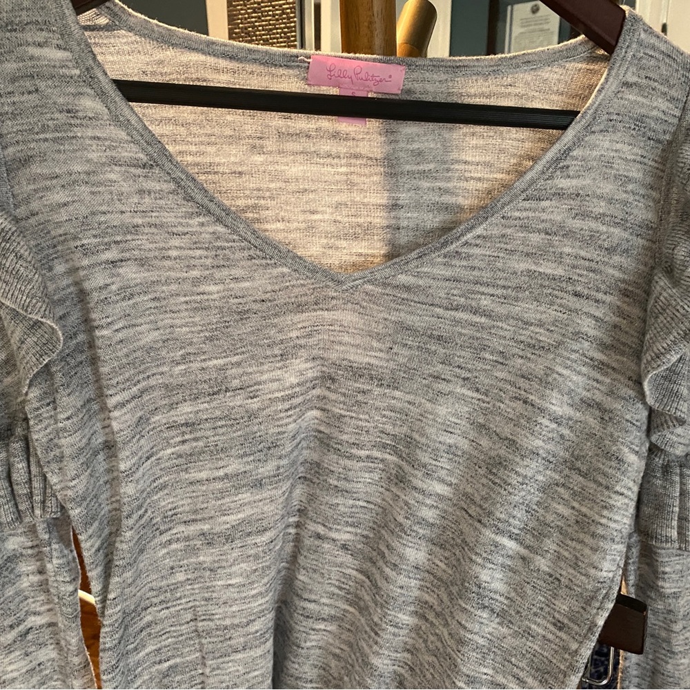 Flirty fun feathered Grey lightweight sweater